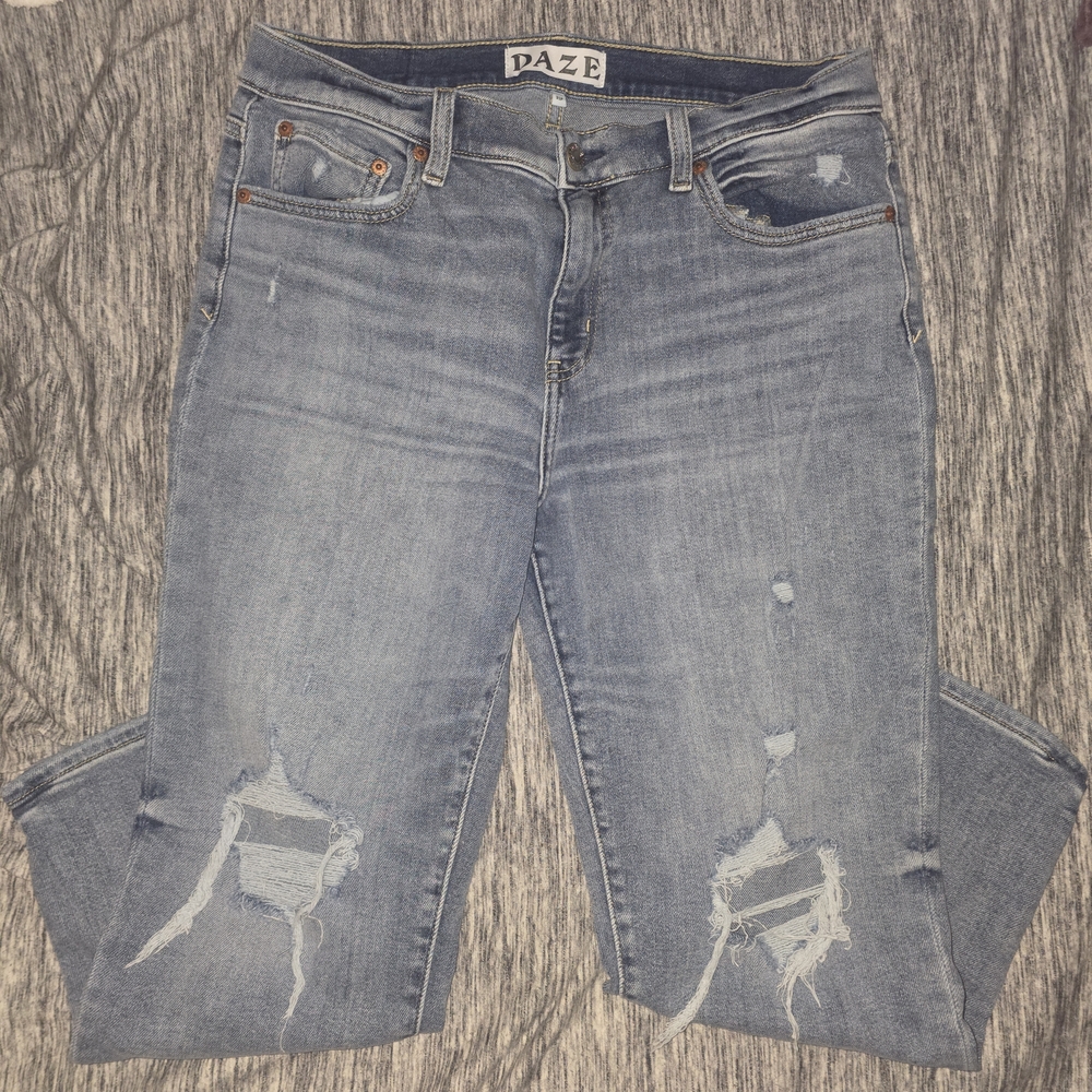 Daze Women's Distressed Blue Straight Leg Jeans